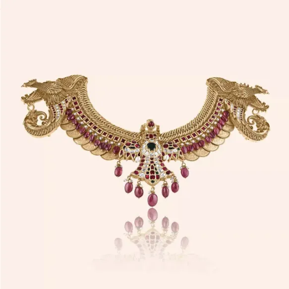 Garuda Haar gold short necklace with twin Garuda heads, ruby setting and ruby drops