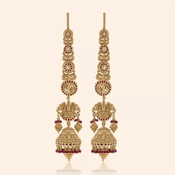 Haripriya long gold temple drop earrings with tiered jhumkas and ruby accents