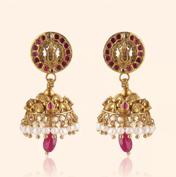 Heirloom Ganesha gold temple jhumkas with ruby-set round studs, pearls and ruby drops
