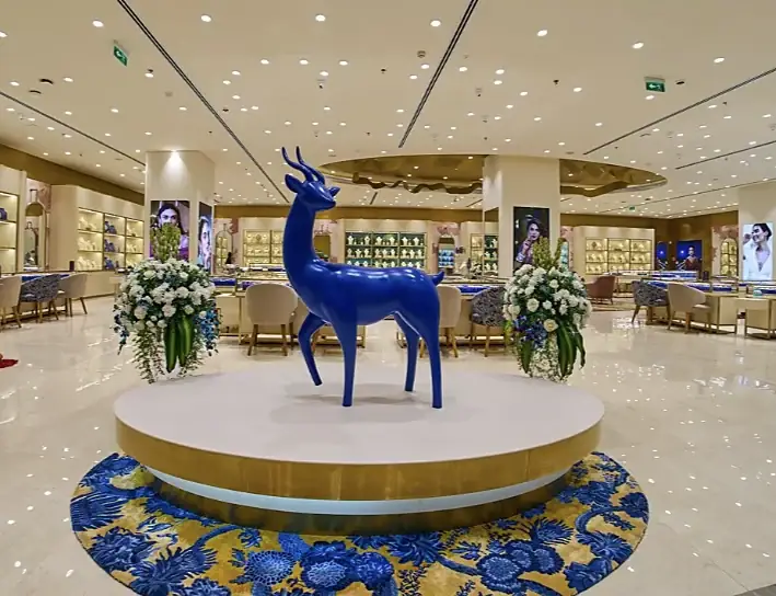 Inside the Indriya jewellery store at R City Mall, Mumbai, with its blue deer sculpture