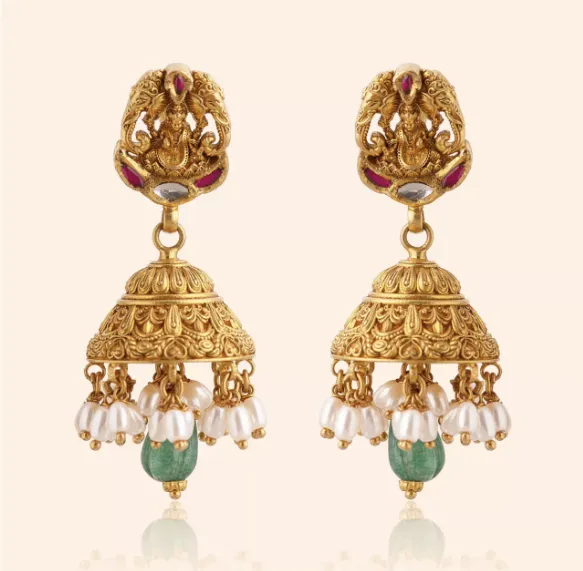 Swarn Gajika gold temple jhumkas with deity studs, pearl drops and green stones