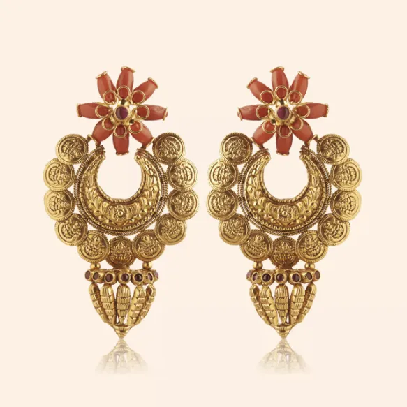 Udaya gold bridal drop earrings with coral flower studs and crescent coin motifs