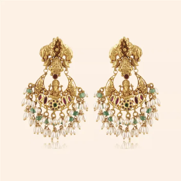 Vinayaka gold chandbali drop earrings with a deity motif, pearls and green stones